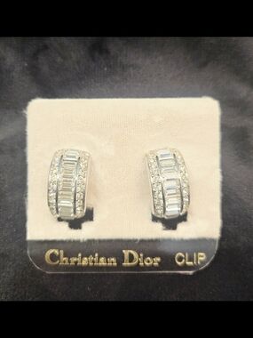 Dior Silver Baguette & Round Crystal Clip-On Earrings